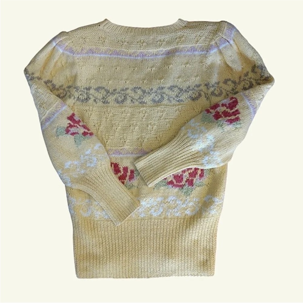 VTG 70s Yellow Pink Floral Cable Knit Vneck Sweater Large *Fits like Small - Picture 15 of 16